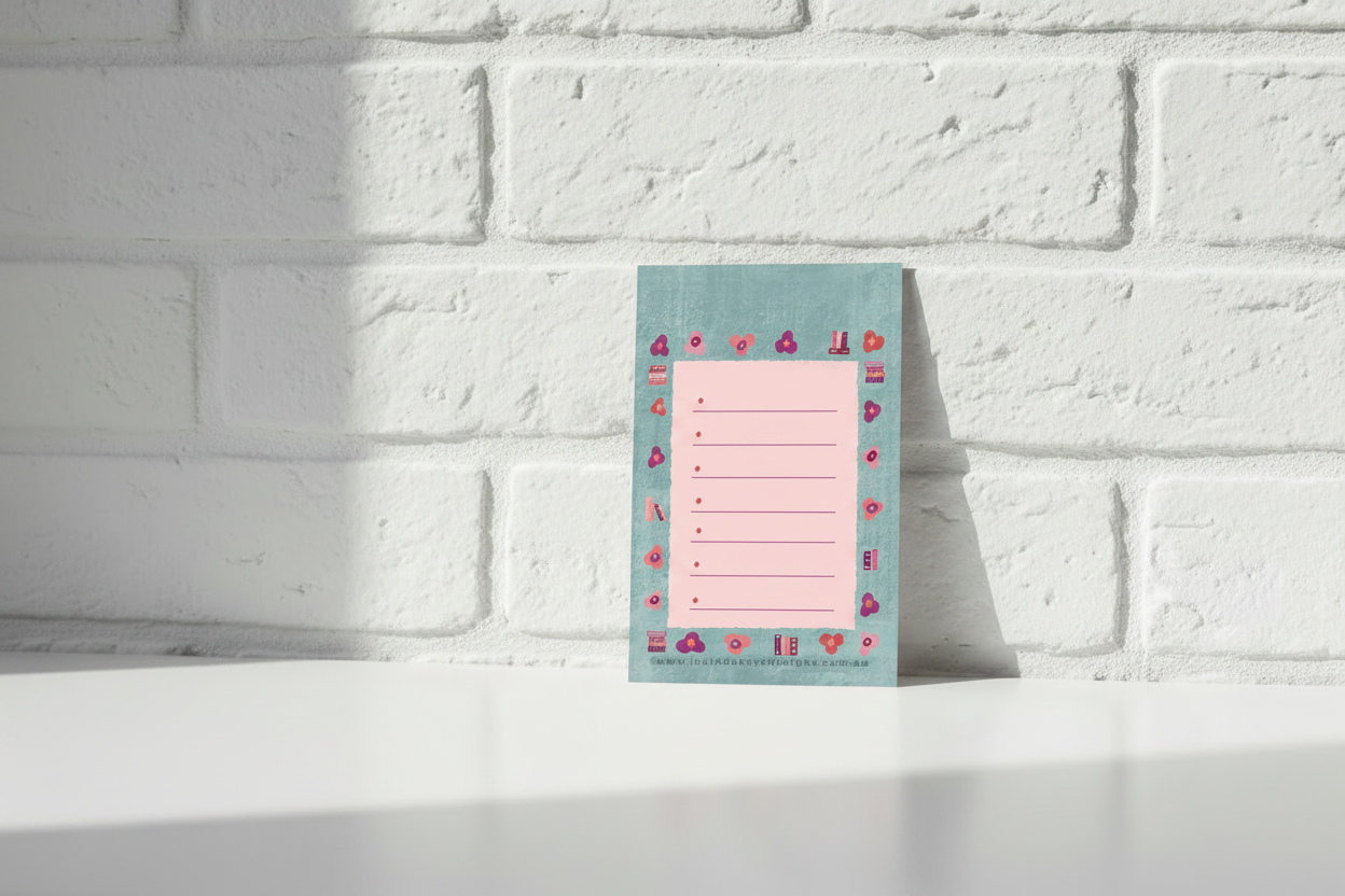 Millie by the Ocean Gratitude Card Back — Standing Against White Brick Wall