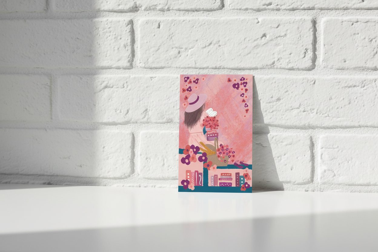 Millie by the Ocean Gratitude Card — Standing Against White Brick Wall